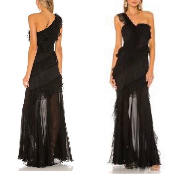 AMUR Harlow Silk Sleeveless One-Shoulder Ruffle Maxi Dress Black 0 - Picture 5 of 16